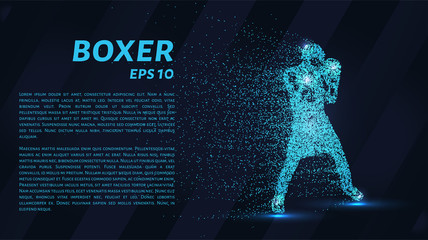 The box consists of the particles. Boxer consists of dots and circles. Blue boxer stands in a rack on a dark background.