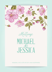 Marriage invitation card with pink flowers. Vintage wedding card with template names and flower garland. Vector illustration.