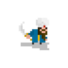 Obraz premium Pixel character Arab in a turban with a sword for games and websites