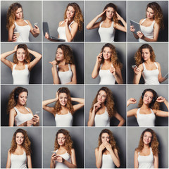 Emotions set of young woman at studio background