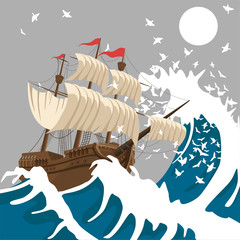 Sail ship in strong storm in the evening in the ocean or sea under the moon