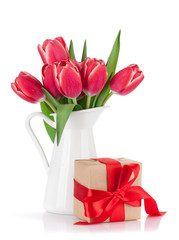 Red tulip flowers bouquet and gift box