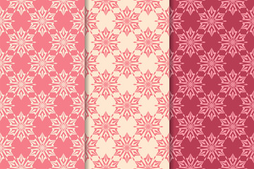 Set of red floral ornaments. Cherry pink vertical seamless patterns