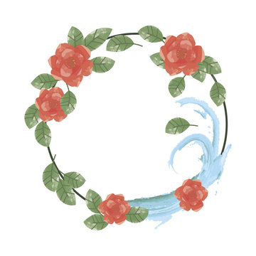 wreath of red flowers with green leaves and blue water on a white background
