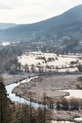 Tepla River in beautiful snowy winter landscape near Cihelny before Brezova dam, Karlovy Vary,...