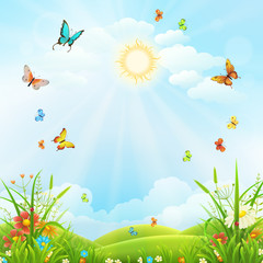 Fototapeta na wymiar Summer or spring landscape with green grass, flowers and butterflies scenery