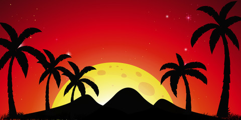 Silhouette scene with coconut trees and red sky