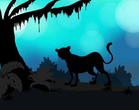 Silhouette background with tiger in forest