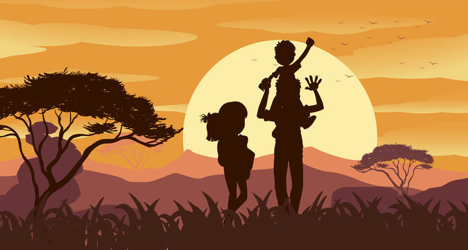 Silhouette scene with family in the park