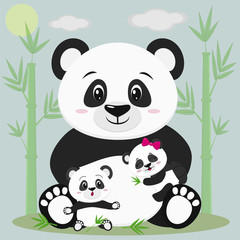 A sweet panda sits and holds a child with a bow, next to it sits another baby, he is surprised. Against the backdrop of bamboo trees, clouds and sun.
