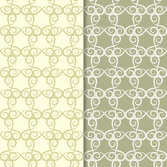 Olive green floral ornamental backgrounds. Set of seamless patterns