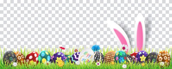 Obraz premium Szczęśliwy wektor obraz wielkanocny. Nowożytny szczęśliwy Wielkanocny tło z kolorowymi jajkami, królikiem, rubbitem i wiosna kwiatem. Szablon wielkanocny kartkę z życzeniami, wektor.