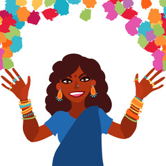Holi festival of colors. Smiling Indian woman dressed in sari throwing paint in the air flat illustration.