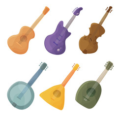 Fototapeta premium Musical stringed instruments in cartoon style guitar, violin, balalaika, lute