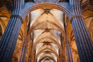 ceiling and columns in the Cathedral of Santa Maria del Mar, Barcelona. The Cathedral was built between 1329 and 1383.