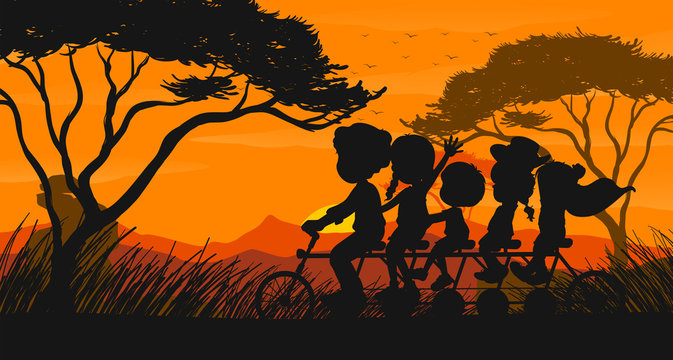 Silhouette scene with family riding bike