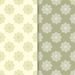 Olive green and beige floral backgrounds. Set of seamless patterns