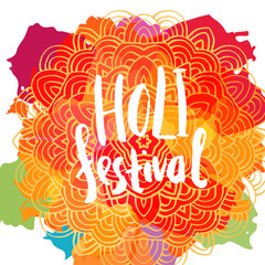 Indian Holi festival of colors greeting card template. Hand written brush lettering. Abstract colorful background with round decoration and paint spots.