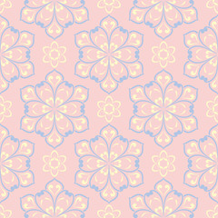 Floral pale pink seamless background. Floral pattern with light blue and yellow elements