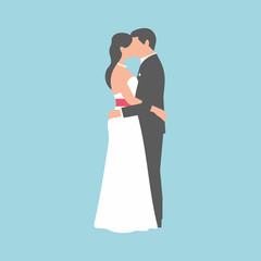  A groom and fiancee kiss each other on blue background