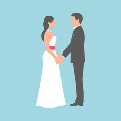Fototapeta na wymiar Bride and groom holding hands on blue background