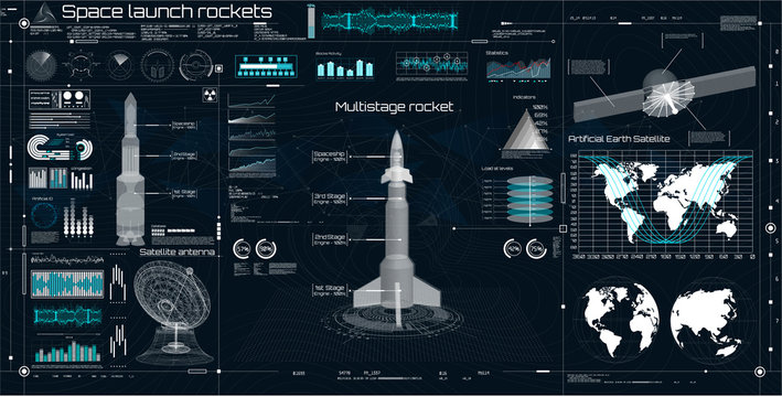 Space launch rockets, instrument panel, radars, space dish, 3d spaceship, space satellite in the HUD style, Elements pack of the  Sky-fi HUD. panels Futuristic User Interface. Ui technology elements