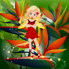 Red fairy flying in flower garden