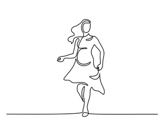 Continuous line drawing. Happy pregnant woman walking, silhouette picture. Vector illustration