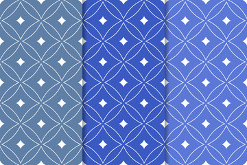 Blue geometric ornaments. Set of seamless patterns