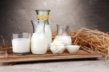 milk products. tasty healthy dairy products on a table on