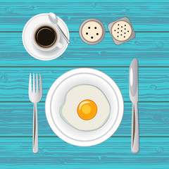 Breakfast with fried egg and coffee. Top view. Vector illustration.