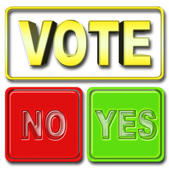 Stock Illustration - Big Bold Metal Yellow Text VOTE, Green Square YES, Red Square NO, 3D Illustration, Bright Against the White Background.