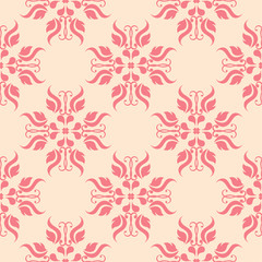 Red flowers on beige background. Ornamental seamless pattern