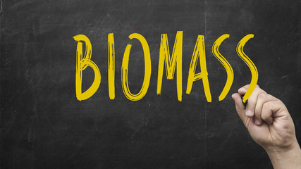 Hand writing Biomass on black chalkboard