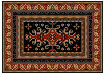 Luxurious motley carpet with ethnic ornaments and black field with patterns in the center
