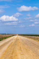 dirty road in fields and low clouds on horizon
