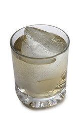 Glass jars with whiskey and ice on white background