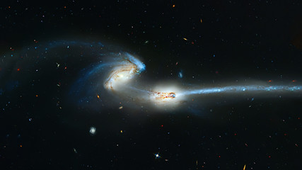 Colliding galaxies,  Mice Galaxies, spiral galaxies in constellation Coma Berenices. Elements of...