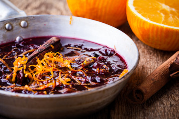 Cranberry sauce in rustic skillet