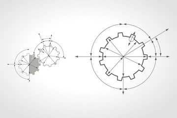 Gears in engagement. Engineering drawing abstract industrial background with a cogwheels.