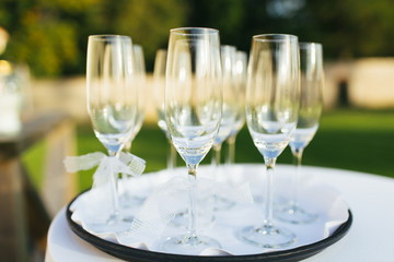 Festive concept, champagne glasses on wedding table