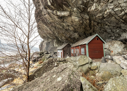 The Helleren houses in Jossingfjord along road 44 between Egersund and Flekkefjord, Sokndal municipality, Norway. January
