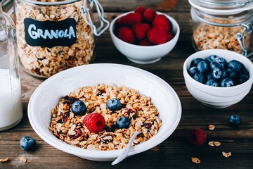 Healthy breakfast bowl. Homemade granola with natural yoghurt, blueberries and raspberries