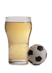Glass beer mug and a ball on a white background