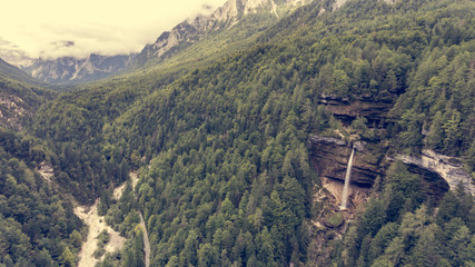 Aerial view of mountain valley with double water fall.