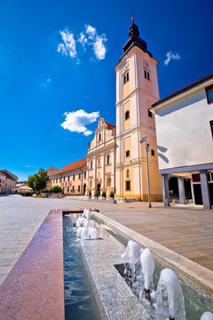 Cakovec square church and fountain view