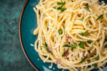 Spaghetti carbonara with egg and pancetta