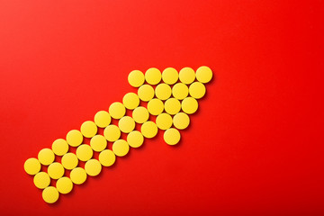 Medical pills . On red background. Top view . Medicine concept
