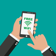 Vector illustration in flat style - male hand holding mobile phone with free wi fi sign on the screen - stock vector