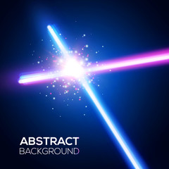 Abstract background with two crossed light neon swords fight. Glowing rays in space. Crossing laser sabers war. Club logo or emblem. Battle with star, flash and particles. Colorful vector illustration